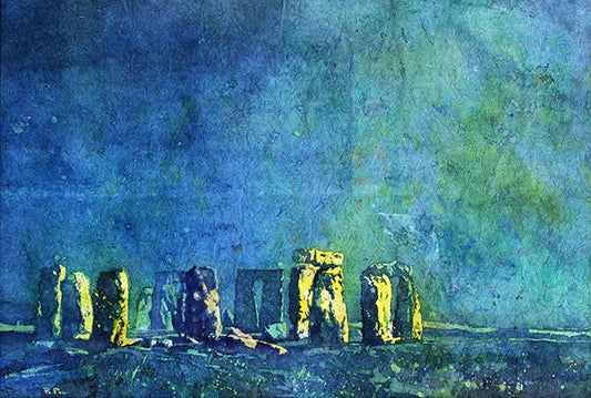 Watercolor painting of Stonehenge ruins moonlit at night- United Kingdom.  Stonehenge painting  watercolor art fine print home decor green