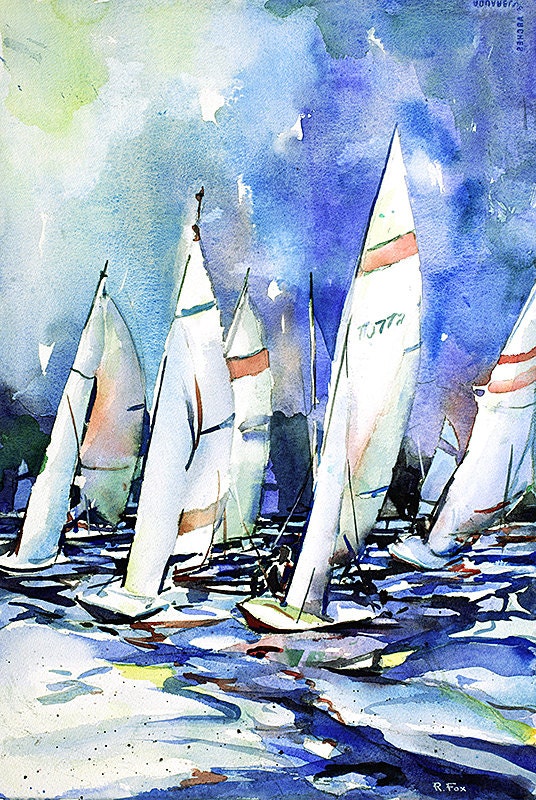 Watercolor painting of scow racing in regatta- Torch Lake in Michigan. Boat painting, art home decor, watercolor nautical painting blue art (print)