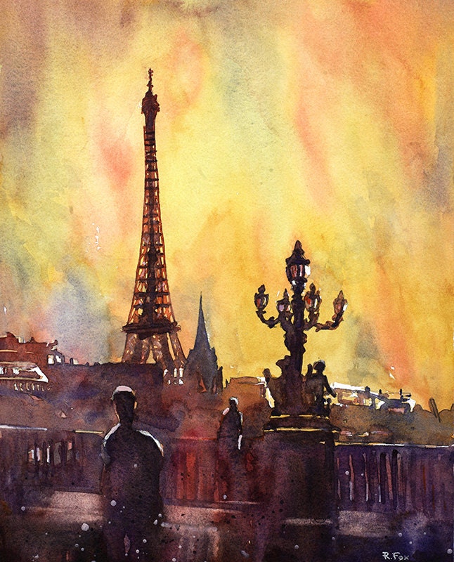 Travel art poster Eiffel Tower Paris French decor