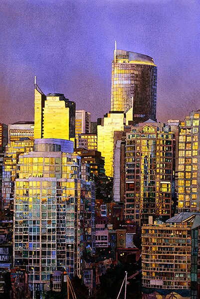 Vancouver skyline at sunset.  Vancouver watercolor wall art colorful print fine art print Vancouver skyline art print painting giclee Canada