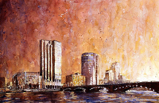 Grand Rapids painting. Watercolor painting of sunset over downtown skyscrapers and buildings of downtown Grand Rapids, Michigan painting (print)