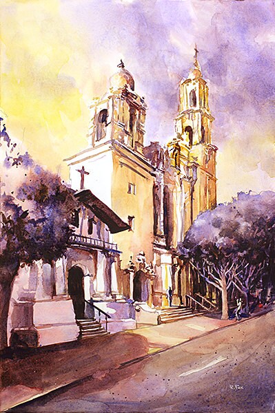 Mission Dolores-San Francisco, California, San Francisco watercolor painting landscape fine art church home decor watercolor painting (print)