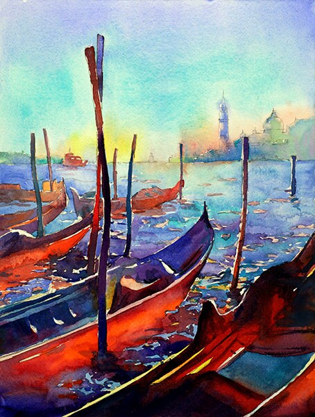 Vibrant watercolor artwork of Venice’s Santa Maria della Salute—ideal for art collectors and designers.