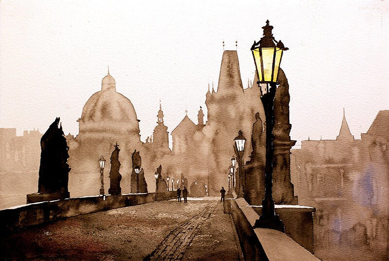 St. Charles Bridge in city of Prague- Czech Republic. Art watercolor painting Prague art home decor Czech Republic painting fine art print