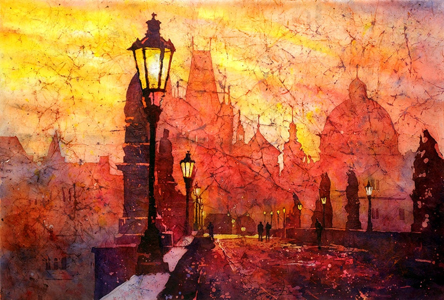 Batik painting of sunrise over Charles Bridge the medieval city of Prague- Czech Republic. Prague painting.  Watercolor landscape (print)