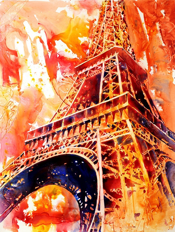 Watercolor painting of the iron lattice of the Eiffel Tower in Paris, France on YUPO synthetic paper by Raleigh, NC artist Ryan Fox