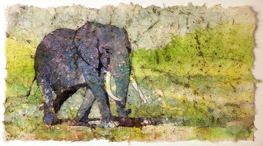 Elephant batik artwork.  Elephant walking on grassy savannah in Africa, elephant art, painting elephant watercolor, elephant photo wall art (print)