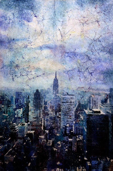 Empire State building rising above skyline of New York City, New York- USA, New York watercolor art landscape painting batik artwork NYC (print)