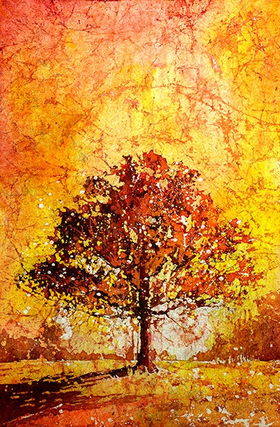 Tree silhouetted in North Carolina at fiery sunset. Watercolor painting landscape tree fine art batik painting tree outside yellow art (print)