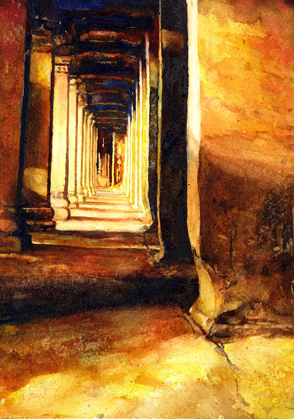 Angkor Wat corridor- Cambodia.  Original watercolor painting Angkor Wat Cambodia artwork yellow painting SE Asia artwork ruins Angkor Wat