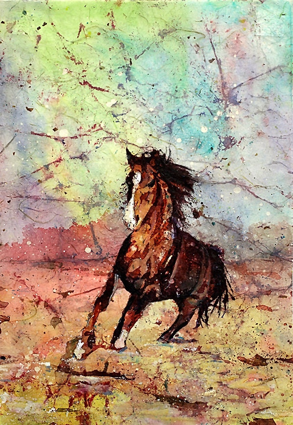 Horse running across tundra- painting horse, horse art.  Horse painting watercolor batik landscape painting wall art home decor horse (print)