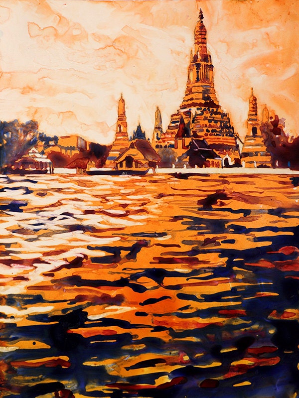 Wat Arun along the Chao Praya river in Thai city of Bangkok- Thailand.  Thailand art print.  Watercolor painting Bangkok.  Watercolor (print)