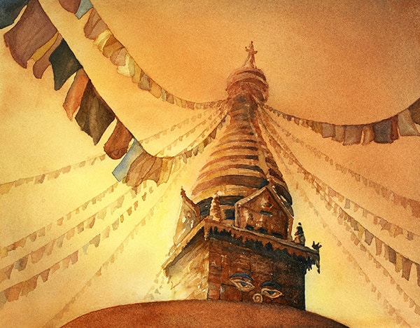 Ojos de Buda pintados en Swayambhunath Stupa en el valle de Katmandú, Nepal. Pintura nepalí. Arte nepalí. Decoración de pared de arte budista (impresión)