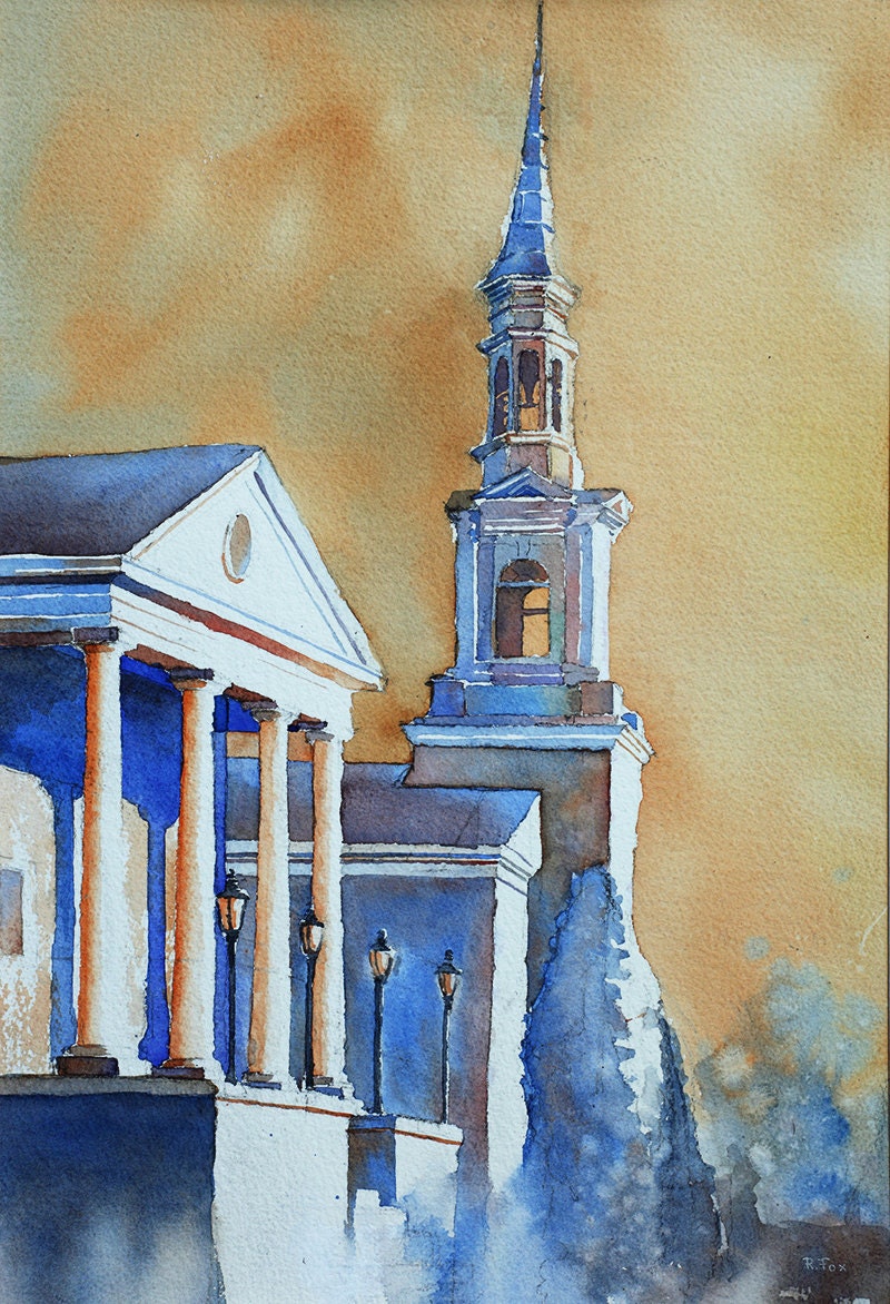 Bell-tower and church in Cary, North Carolina- USA,  Watercolor painting, fine art print, church art neo-classical facade, home decor (print)