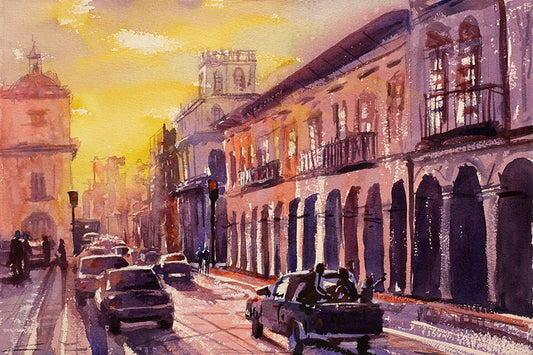 Watercolor painting of city of Cuenca at sunset- Ecuador.  Watercolor painting Cuenca, fine art print, home decor, Ecuador art landscape