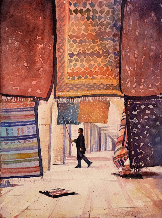 Tunisian man dusting off Persian rugs at shop in Saharan oasis town of Tozeur- Tunisia.  Art Tunisia watercolor painting carpet wall print