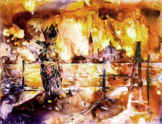 Hand-painted Venice Carnival scene highlighting the elegance and mystery of traditional masks.