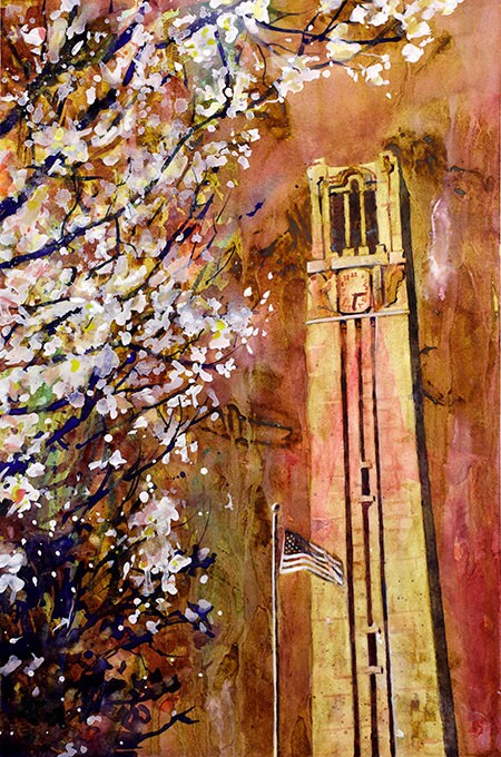 Colorful watercolor painting NCSU Wolfpack Memorial Belltower