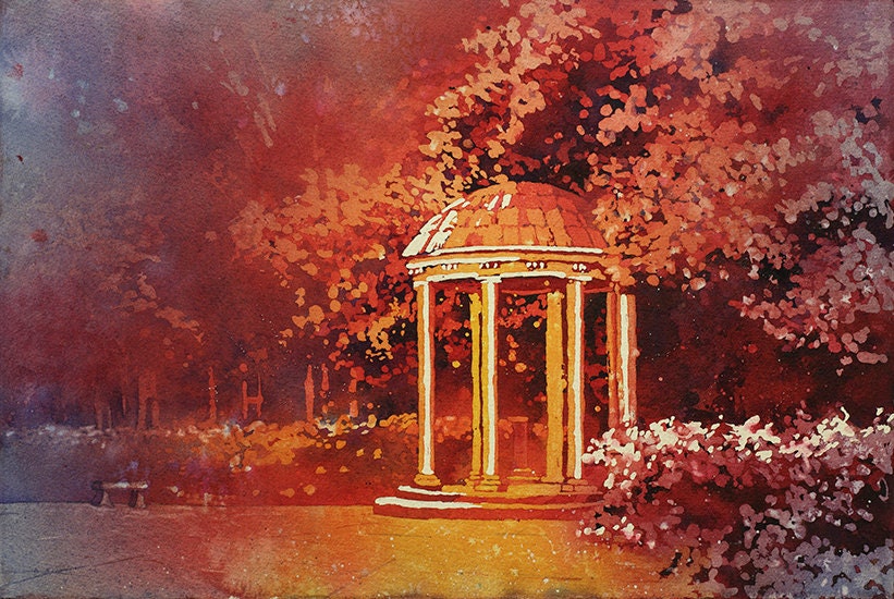 Old Well on University of North Carolina (UNC)- Chapel Hill, NC.  Old Well Chapel Hill painting.  UNC fine art print watercolor Old Well (print)