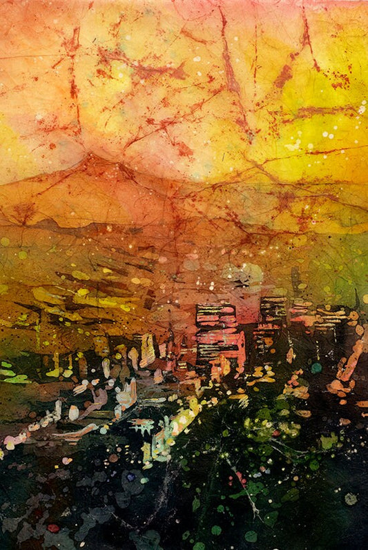 Mt. Hood & skyline of downtown Portland, Oregon at sunset.  Portland painting, Portland watercolor batik painting art (print)