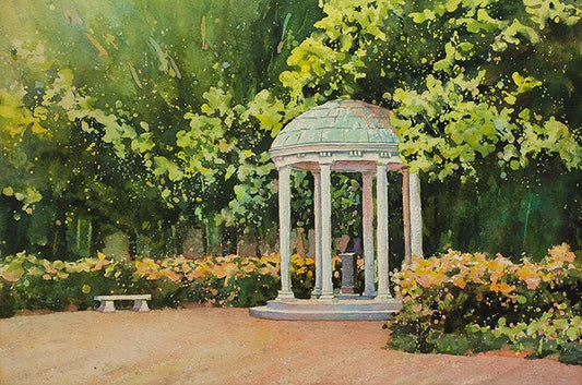 Watercolor art of the UNC Old Well framed by colorful spring foliage, an elegant UNC photo home decor print and memorable gift for him or her.