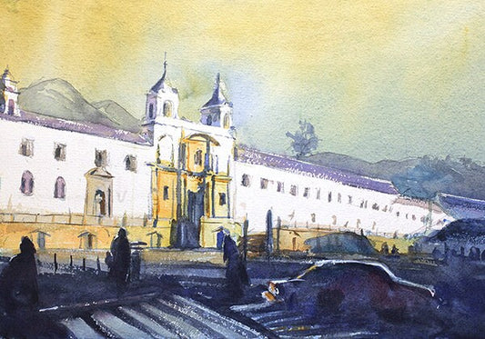 Monasterio católico- Casco antiguo de Quito, Ecuador al amanecer, Impresión de acuarela Quito Ecuador, Arte de pared paisajística de Quito Ecuador (impresión)