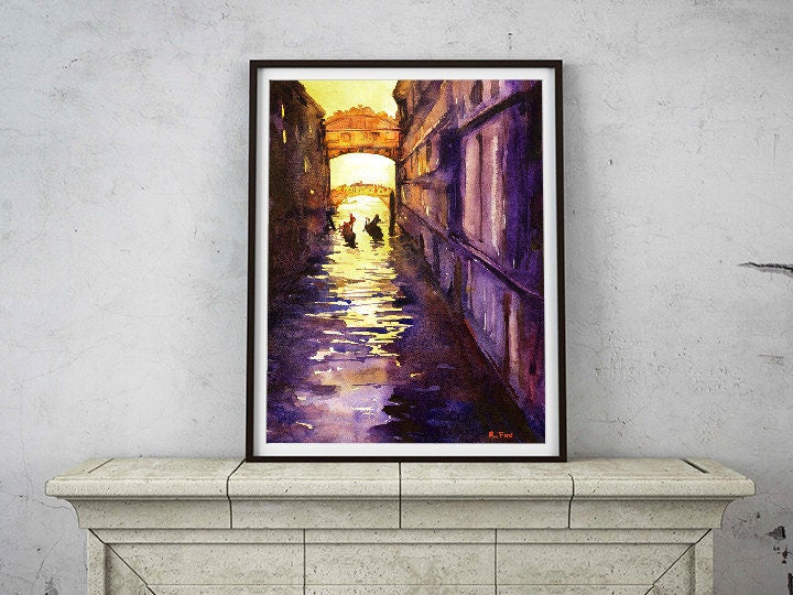 Bridge of Sighs silhouetted at sunset w/ gondolier in Venice, Italy.  Bridge of Sighs painting, Venice Italy home decor, fine art (print)