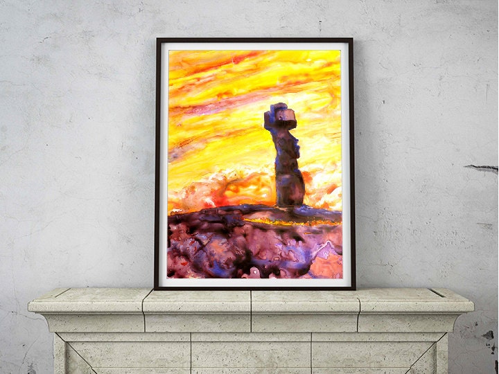 Moai statue at sunset Easter Island, Chile- watercolor painting. Moai statue home decor yellow watercolor painting art Easter Island (print)