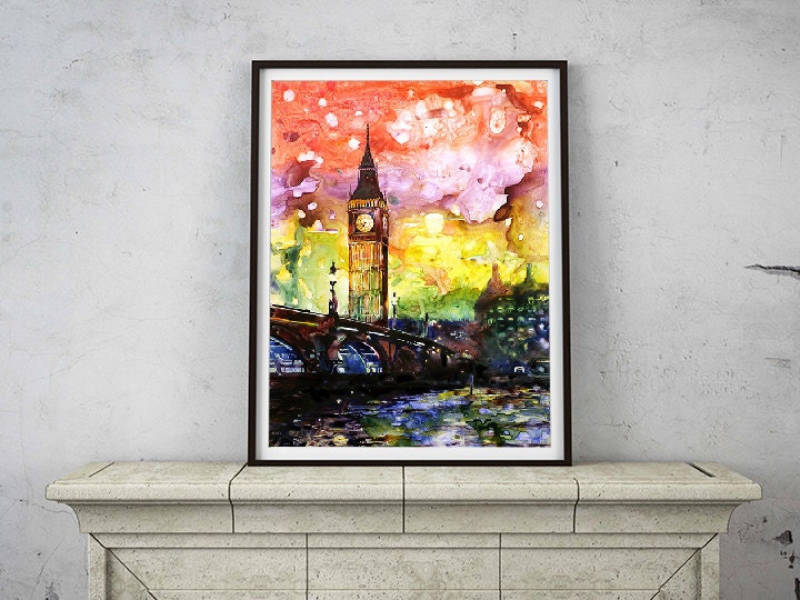 Painting of Big Ben silhouetted in city of London, England.  Big Ben painting.  Big Ben watercolor.  London art watercolor landscape (print)