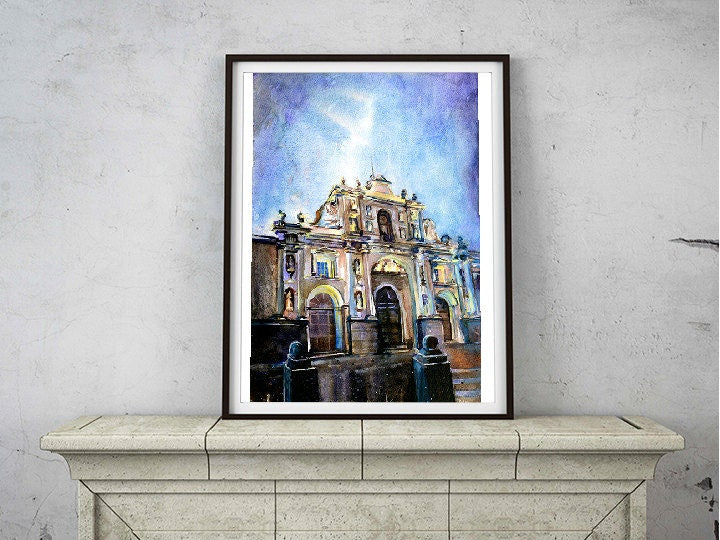 Baroque Cathedral in city of Antigua, Guatemala watercolor print, church painting Antigua Guatemala, giclee print watercolor (print)