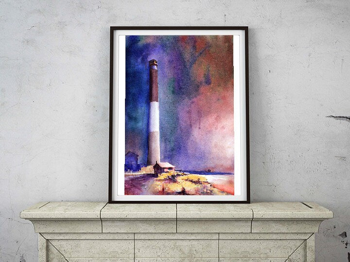 Painting of Oak Island lighthouse in North Carolina.  North Carolina lighthouse.  Lighthouse watercolor painting.  Lighthouse fine art (print)