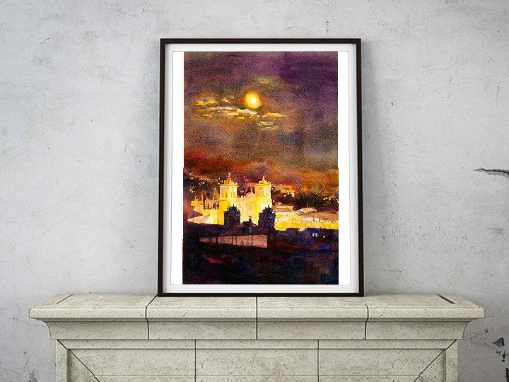 Cusco, Peru painting of Plaza de Armas Cathedral at night.  Watercolor fine art print home decor Peru painting watercolor yellow church (print)
