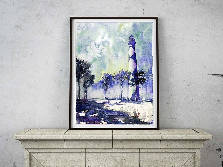 Cape Lookout Lighthouse on the Outer Banks, North Carolina- watercolor painting of lighthhouse.  Beach watercolor lighthouse (print)