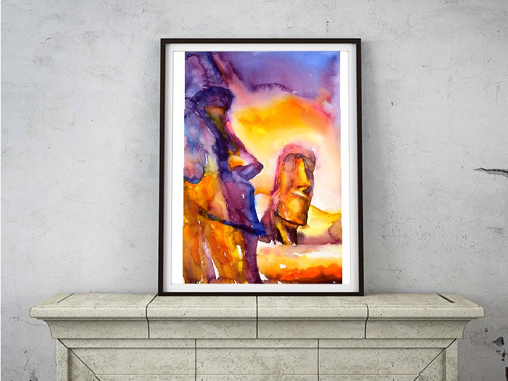 Painting of moai statues- Easter Island, Chile. Moai art Moai photograph Easter Island art print home decor Moai statue colorful painting (print)