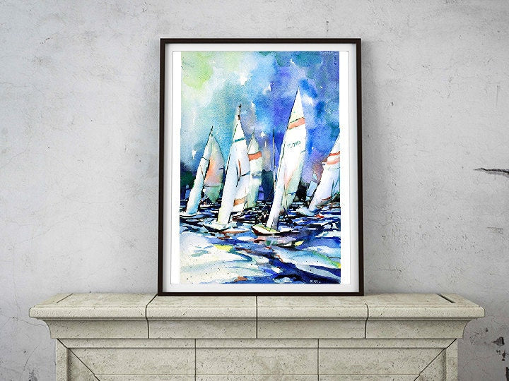 Watercolor painting of scow racing in regatta- Torch Lake in Michigan. Boat painting, art home decor, watercolor nautical painting blue art (print)