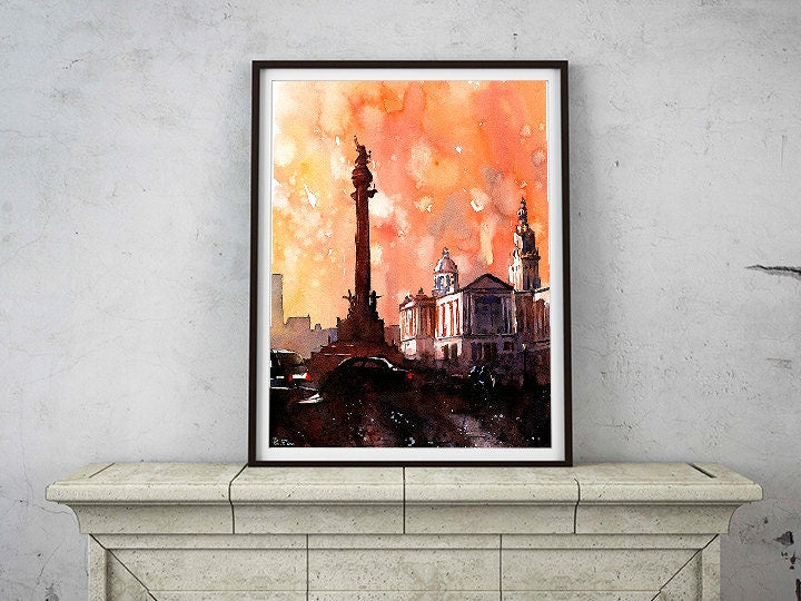 Watercolor painting of Columbus Monument  in La Ramblas- Barcelona, Spain.  Watercolor Barcelona Spain painting Barcelona art print giclee