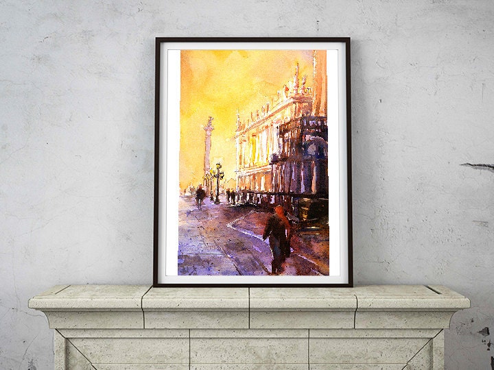 St. Marks Square at sunset in Venice, Italy, Venice painting, landscape Venice Italy art watercolor painting Venice art (print)