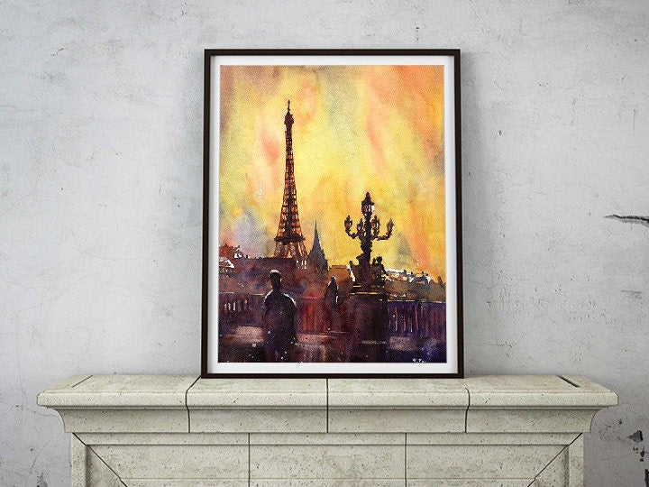 Paris France skyline watercolor painting sunset art