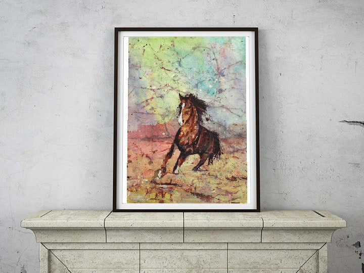 Horse running across tundra- painting horse, horse art.  Horse painting watercolor batik landscape painting wall art home decor horse (print)