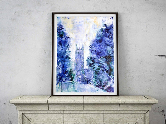 Elegant watercolor painting of Duke Chapel at Duke University in Durham, NC, ideal as a graduation gift for him or her or as sophisticated university artwork for home and office.