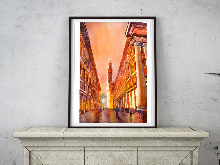 Uffizi Gallery at dawn in the medieval city of Florence, Italy at sunrise.  Watercolor painting of Uffizi gallery.  Watercolor art Florence