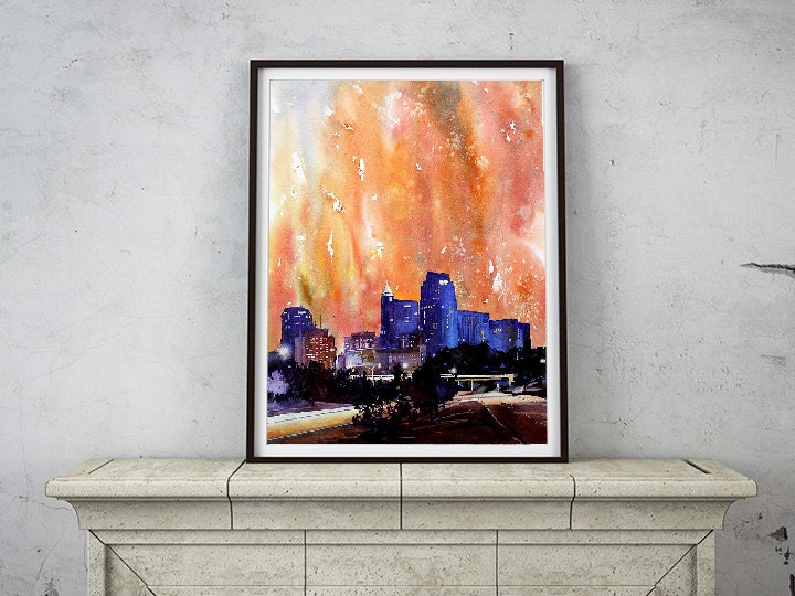 Raleigh, NC downtown skyscrapers silhouetted at sunset- fine art watercolor painting.  Raleigh painting, Raleigh skyline watercolor (print)