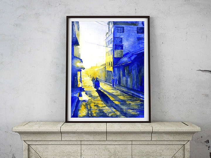 Peru watercolor painting- Puno.  People on street in the city of Puno watercolor painting fine art print wall decor (print)