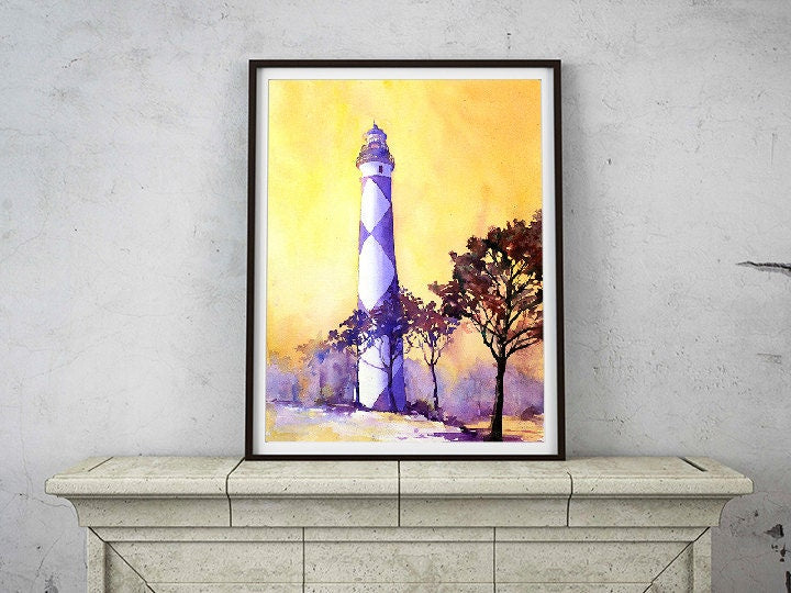 Cape Lookout lighthouse at sunset on the Outer Banks of North Carolina Lighthouse art watercolor, landscape art lighthouse (print)