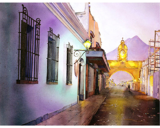 Watercolor painting of the Arch of Santa Catalina in the UNESCO World Heritage city of Antigua, Guatemala.