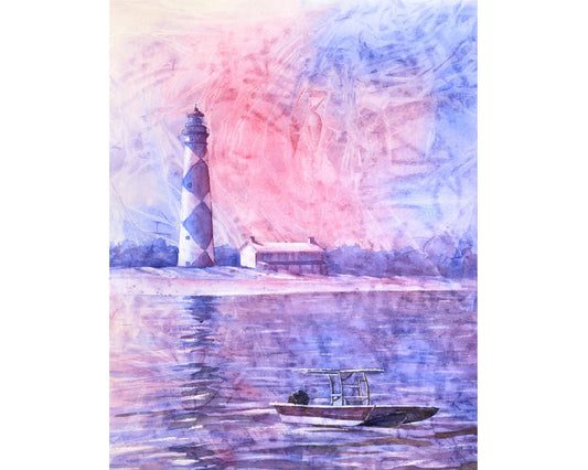 Pintura de acuarela del faro de Cape Lookout en los bancos exteriores (OBX) de Carolina del Norte. Arte del faro. Acuarela del faro (impresión)