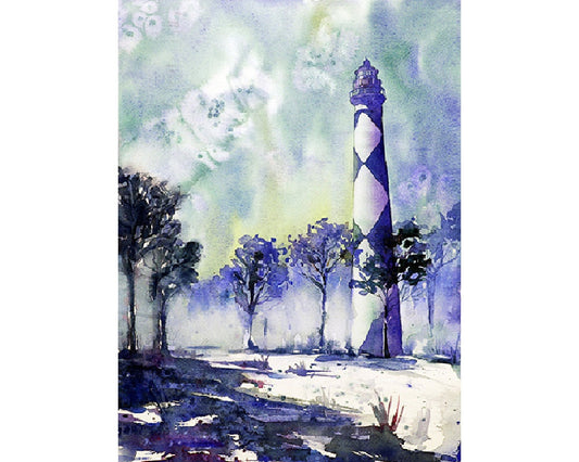 Faro de Cape Lookout en Outer Banks, Carolina del Norte: acuarela del faro. Faro de acuarela de playa (impresión)