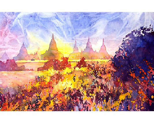 Ruins of Burmese temples in Bagan (Pagan), Burma (Myanmar).  Fine art watercolor of Bagan ruins, home decor, colorful watercolor painting
