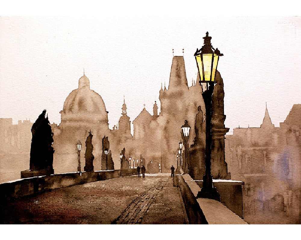 St. Charles Bridge in city of Prague- Czech Republic. Art watercolor painting Prague art home decor Czech Republic painting fine art print