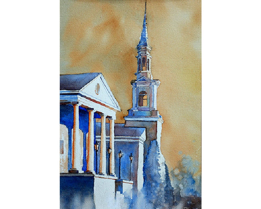 Bell-tower and church in Cary, North Carolina- USA,  Watercolor painting, fine art print, church art neo-classical facade, home decor (print)